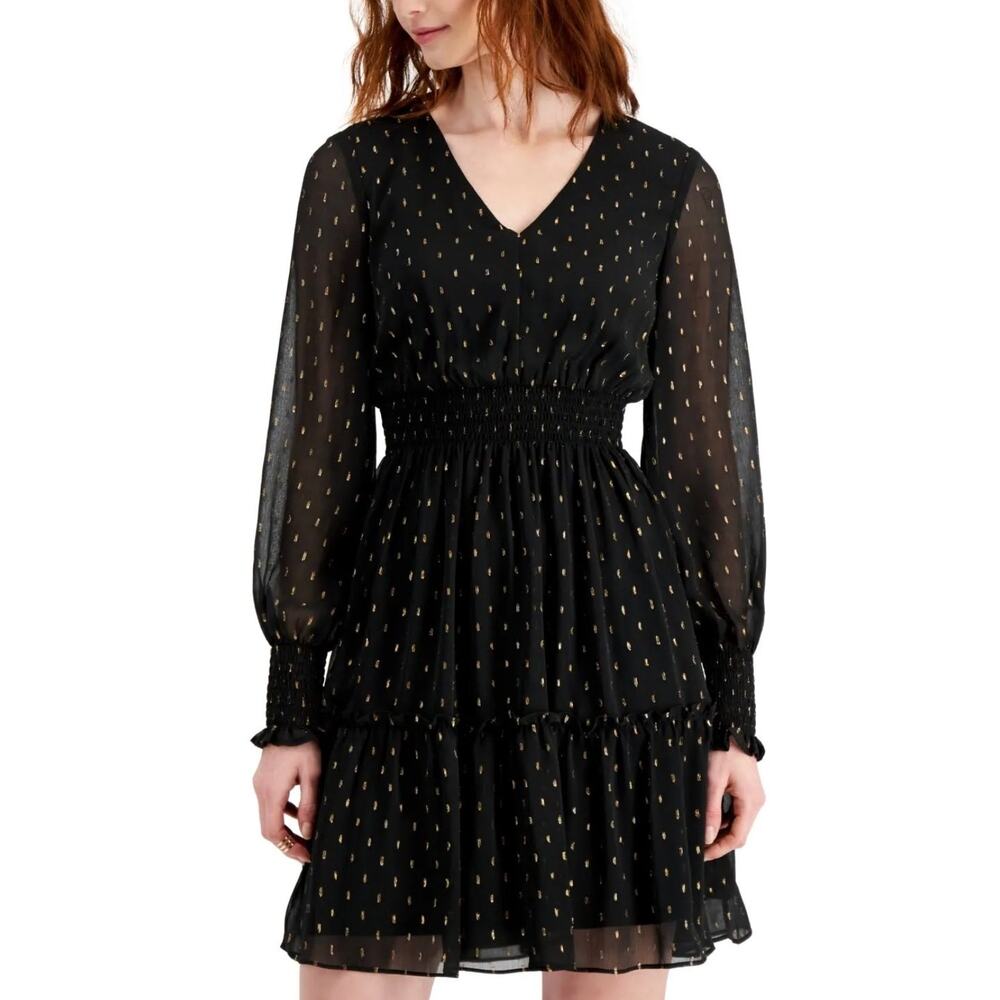Taylor Black with Gold Metallic-Dot Smocked-Trim Dress size‎ Women's 10